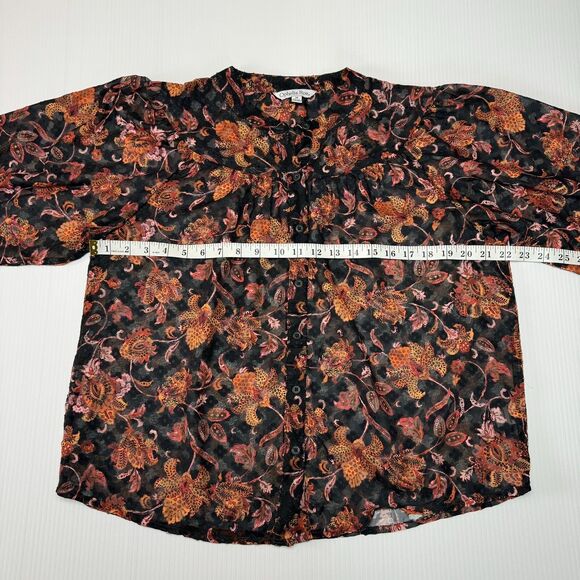 Ophelia Roe Semi Sheer Floral Blouse Women’s M Black Orange Button Front - Picture 8 of 9